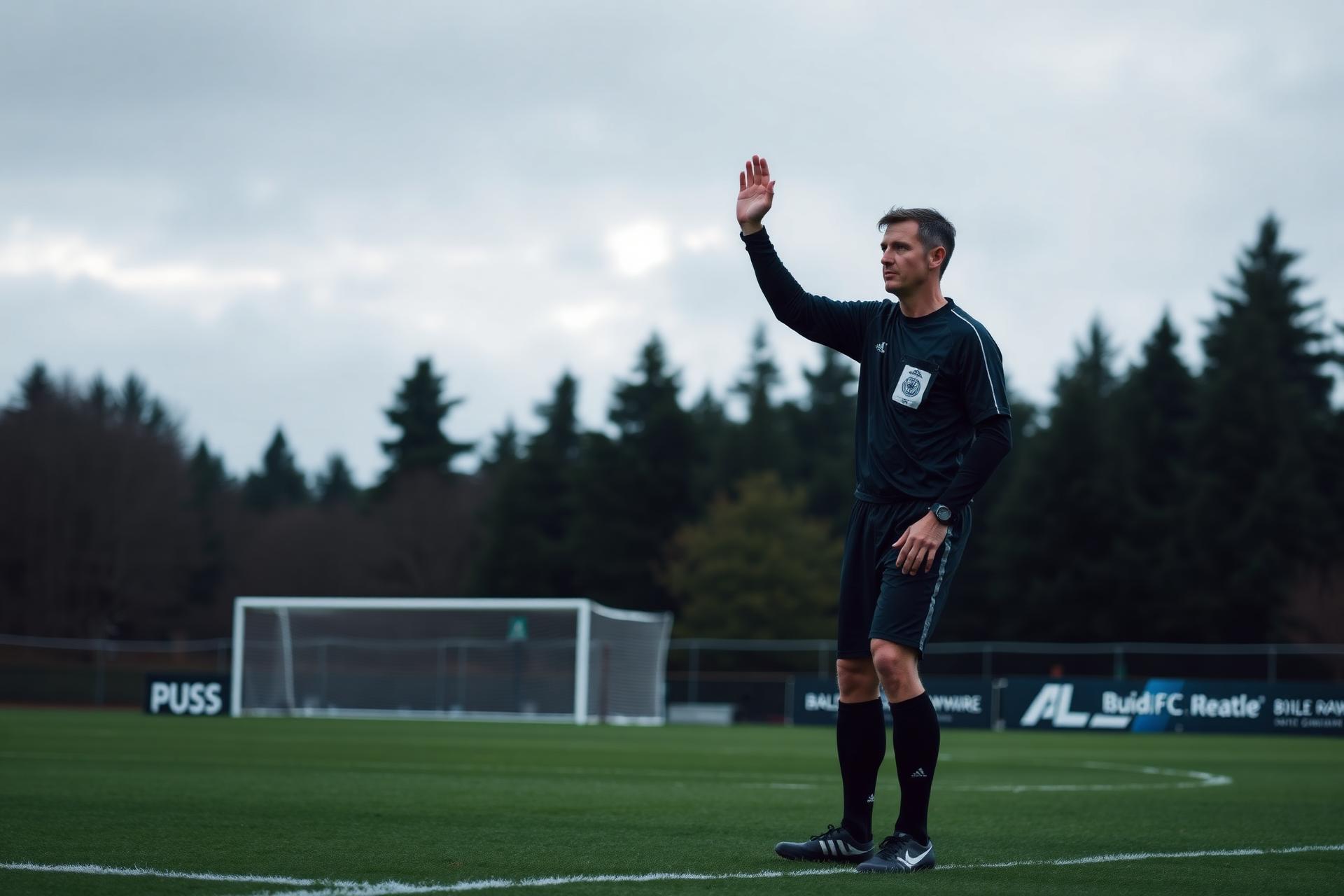 Referee signaling during a match on a Seattle-area soccer pitch