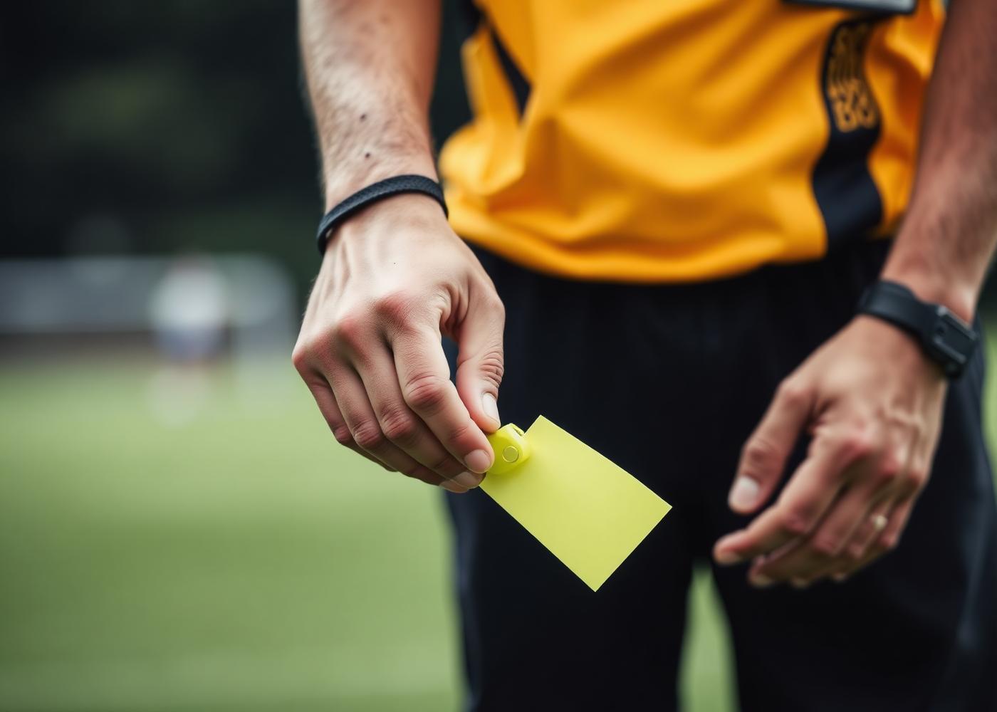Referee whistle and yellow card in hand