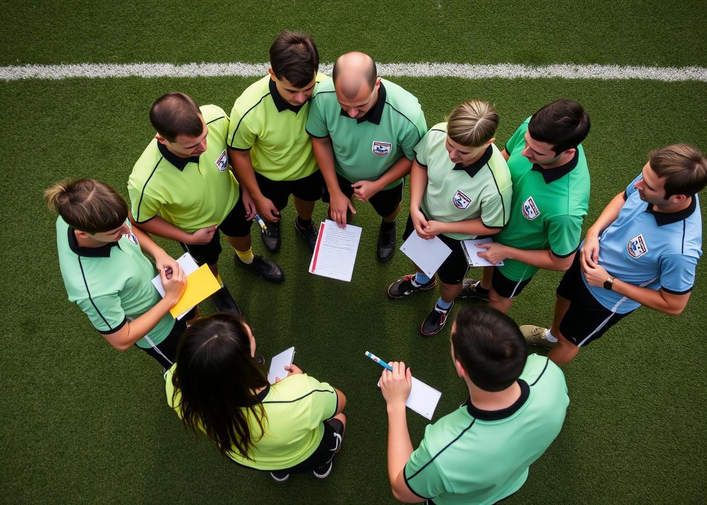 Referee mentoring huddle on the pitch