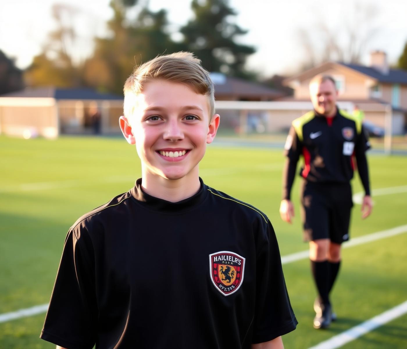 Young referee smiling on the field